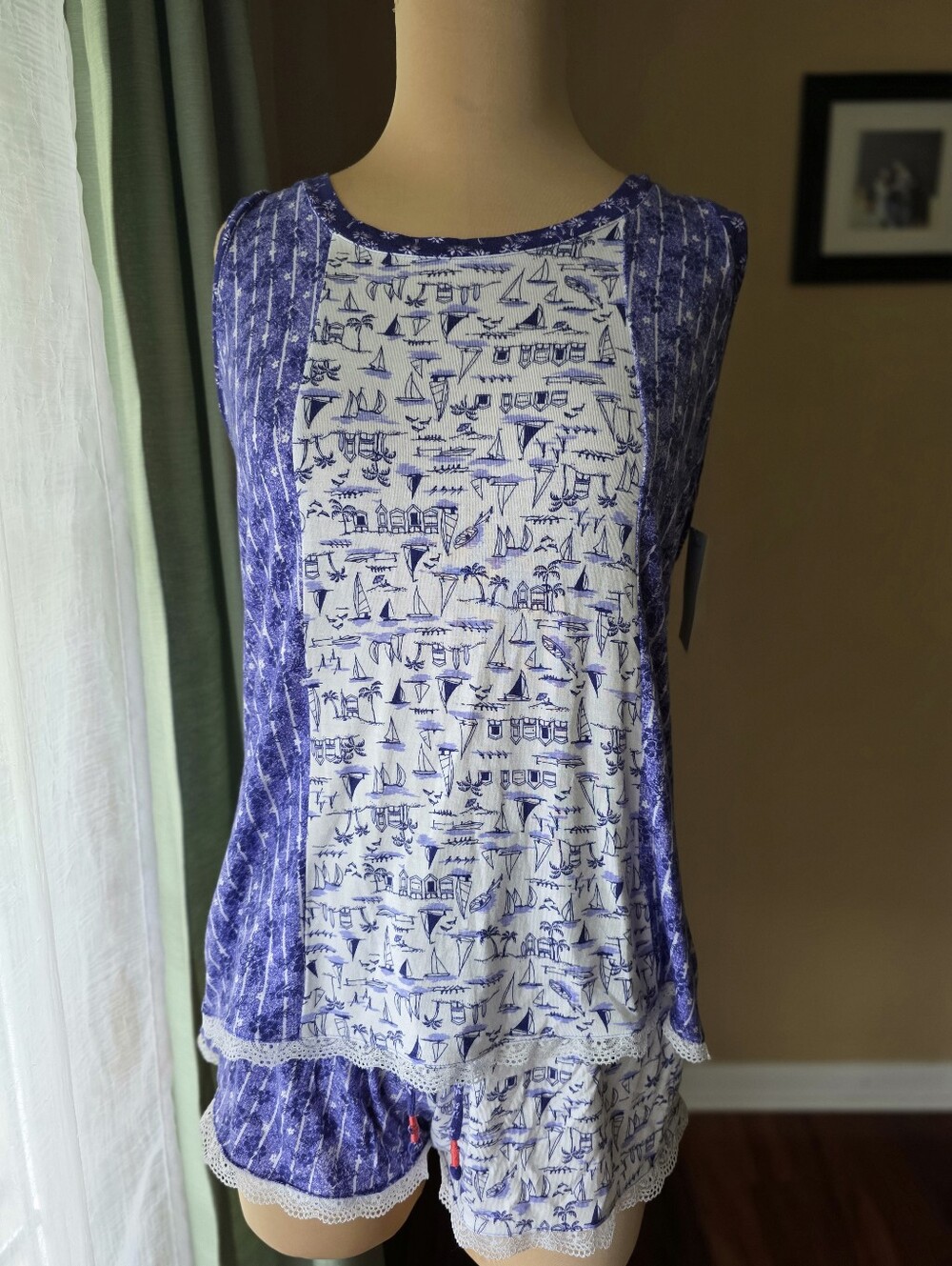 Layla Nautical Floral Pajama Set NWT Blue White Tank Short Pajamas Sleepwear M